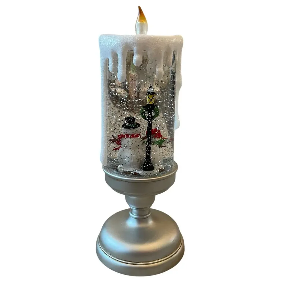 Illuminated Silver Glitter Pedestal Candle 13in Christmas Holiday Snowman New